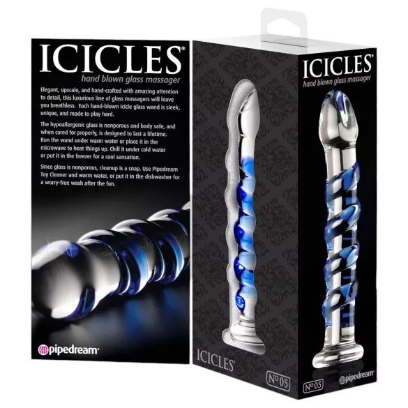 Icicles No. 5 - stakleni dildo spiralni oblik - prozirno/plavo