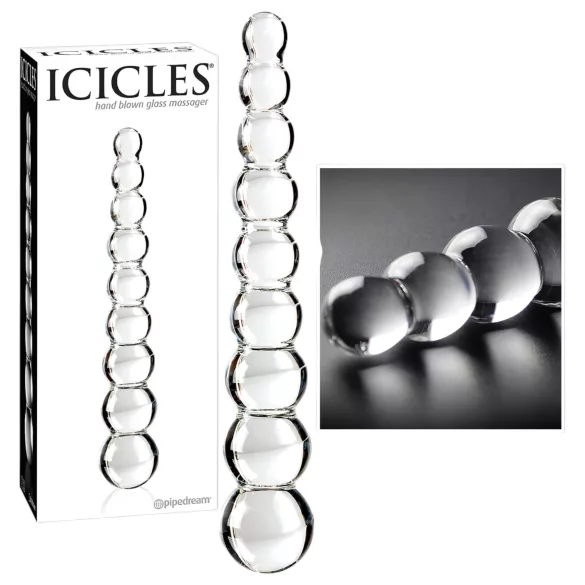 Icicles No. 2 - stakleni dildo s kuglicama - prozirni