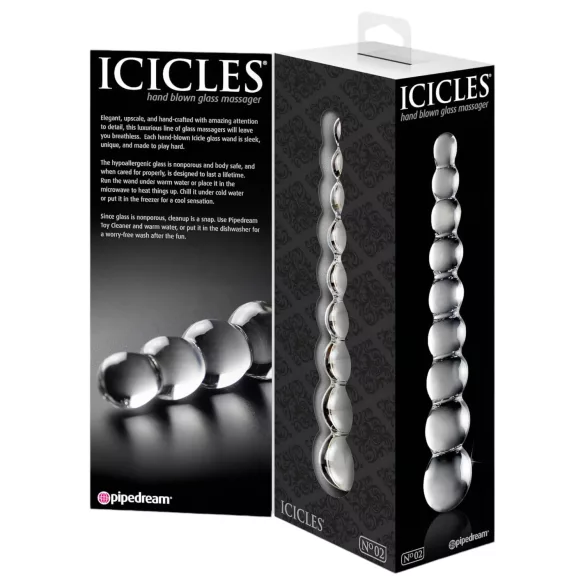 Icicles No. 2 - stakleni dildo s kuglicama - prozirni