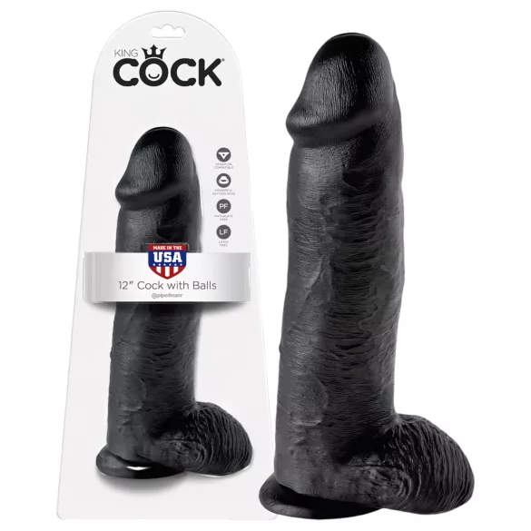 King Cock - realistični dildo s testisima - crni 30 cm