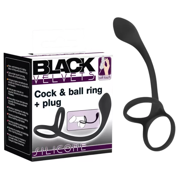 Black Velvets - analni dildo s prstenom za penis i testise - tanak - crni