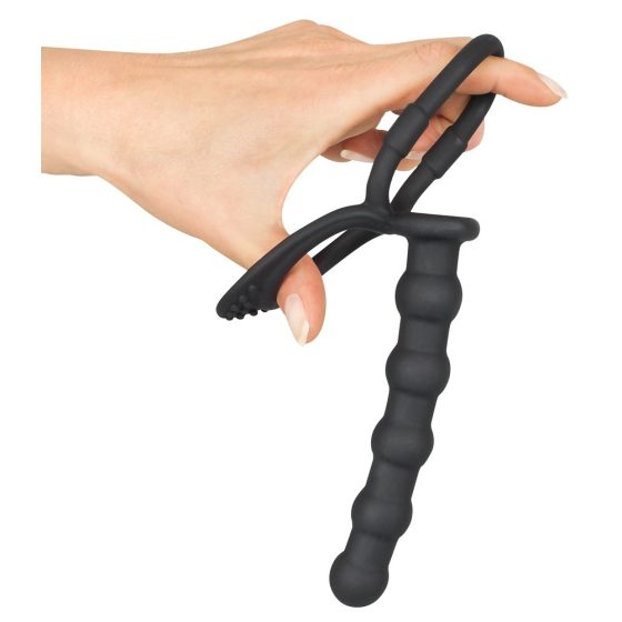Black Velvet - prsten za testise i penis s analnim dildom (crni)