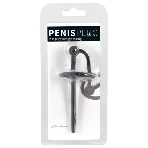 Penisplug - silikonski prsten za glans s šupljom uretralnom šipkom (crni)