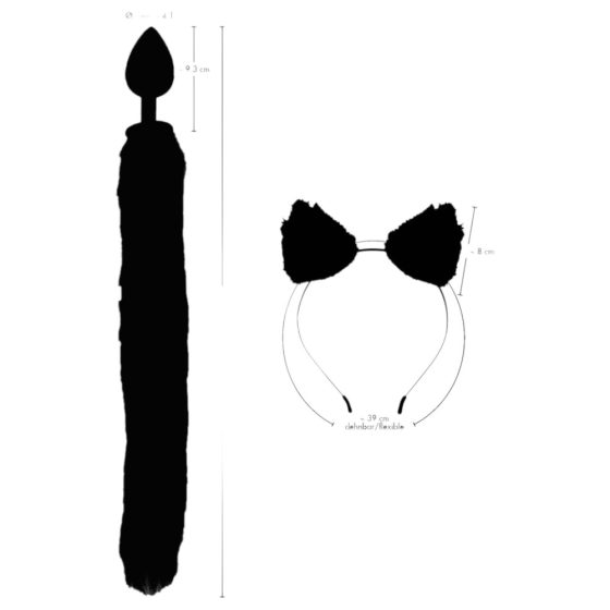Bad Kitty - set mačjih ušiju s mačjim repom za analni dildo - crni (2 dijela)