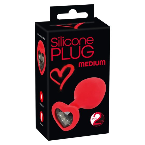 You2Toys Plug M - crni analni dildo u obliku srca od kamena - srednji (crveni)