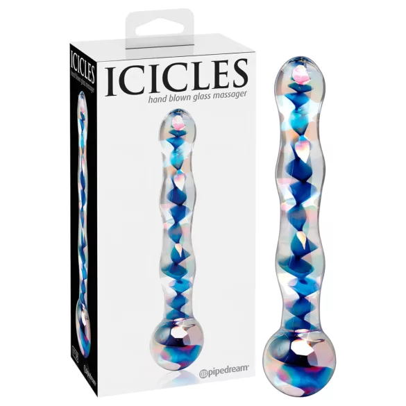 Icicles No. 08 - stakleni dildо s valovitim dizajnom, dvostrani - prozirno-plavi