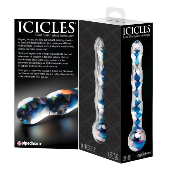 Icicles No. 08 - stakleni dildо s valovitim dizajnom, dvostrani - prozirno-plavi