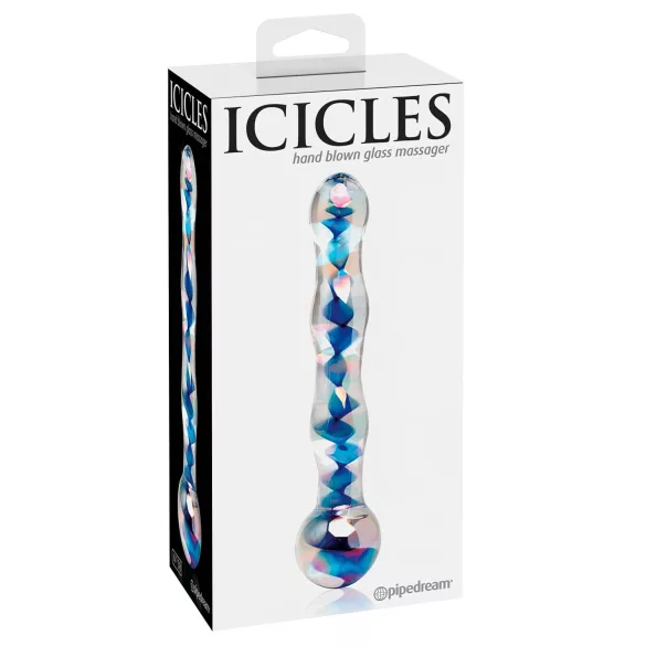 Icicles No. 08 - stakleni dildо s valovitim dizajnom, dvostrani - prozirno-plavi