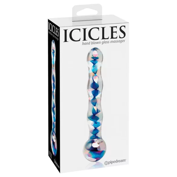 Icicles No. 08 - stakleni dildо s valovitim dizajnom, dvostrani - prozirno-plavi