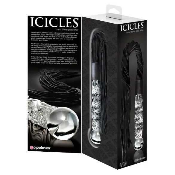 Icicles No. 38 - kožni bič i stakleni dildo - prozirno-crni