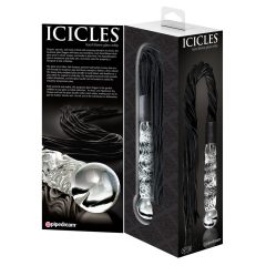   Icicles br. 38 - kožni bič, valoviti stakleni dildo (prozirno-crni)