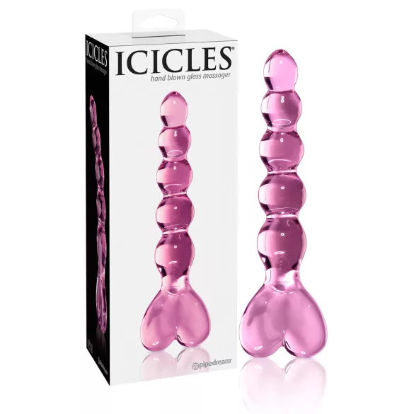 Icicles No. 43 - stakleni dildo s perlama i srcima - ružičasta