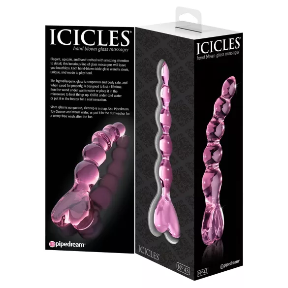 Icicles No. 43 - stakleni dildo s perlama i srcima - ružičasta