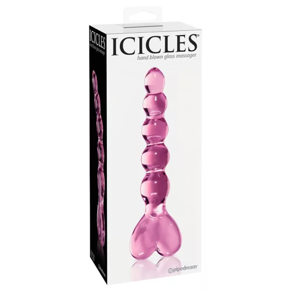 Icicles No. 43 - stakleni dildo s perlama i srcima - ružičasta