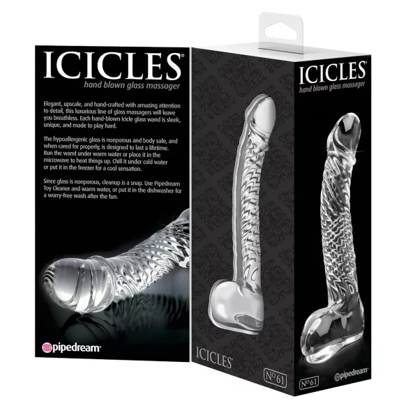 Icicles No. 61 - stakleni dildo s testisima i penisom - prozirni