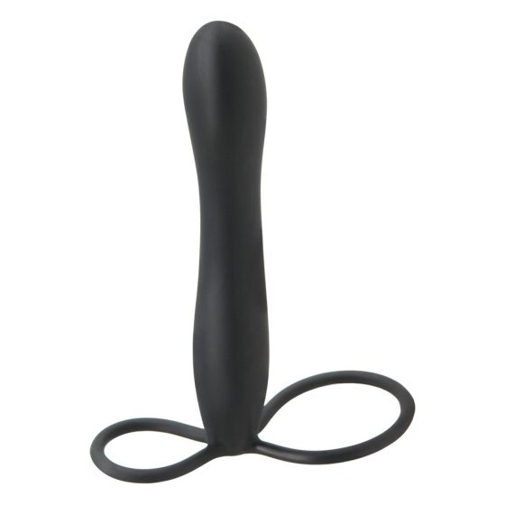 Fetish Double Trouble - prsten za testise i penis s analnim dildom (crni)