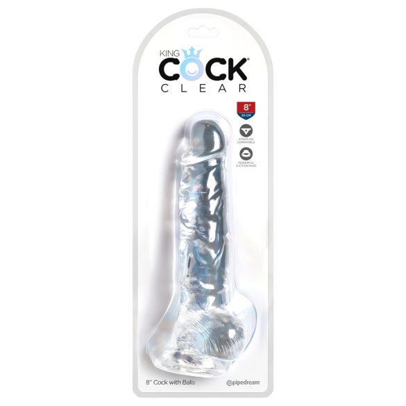King Cock Clear 8 - prozirni dildo s testisima i vakumskom bazom (20 cm)