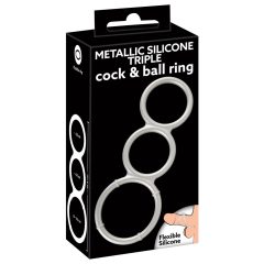   You2Toys - trostruki silikonski prsten za penis i testise s metalnim efektom (srebrni)