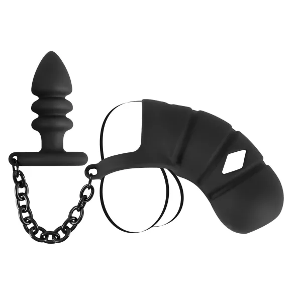 Black Velvets - silikonska penis cage s analnim čepom - crna