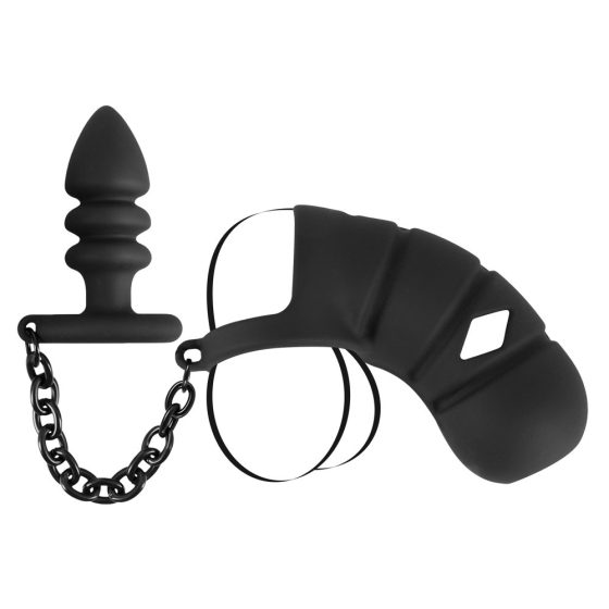 Black Velvet - silikonski kavez za penis s analnim dildom (crni)