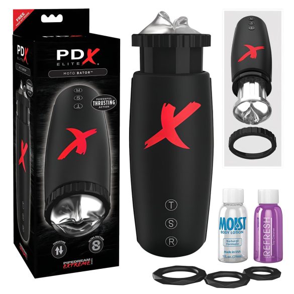 PDX Moto Bator - usisni masturbator s pomičnim usnama (crni)