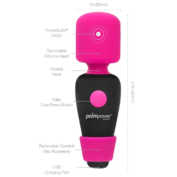 PalmPower Pocket Wand - mini masažer vibrator - pink-crna