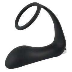  Black Velvet - silikonski analni vibrator na baterije s prstenom za penis (crni)