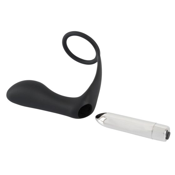 Black Velvet - silikonski analni vibrator na baterije s prstenom za penis (crni)