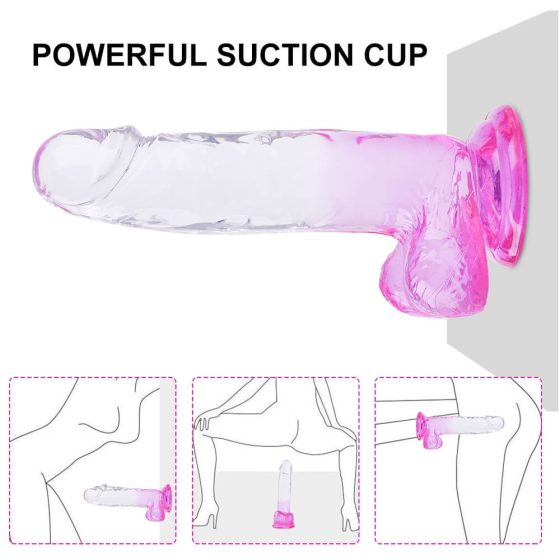 Sunfo - realistični testikularni dildo s ljepljivim potplatima - 22 cm (prozirno-ljubičasti)