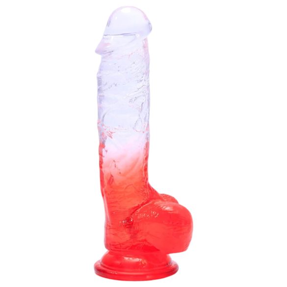 Sunfo - usisna čašica, dildo s testisima - 21cm (prozirno-crvena)