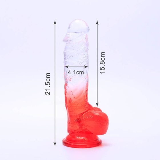Sunfo - realistični testisi dildo s ljepljivim potplatom - 21 cm (prozirno-crveni)