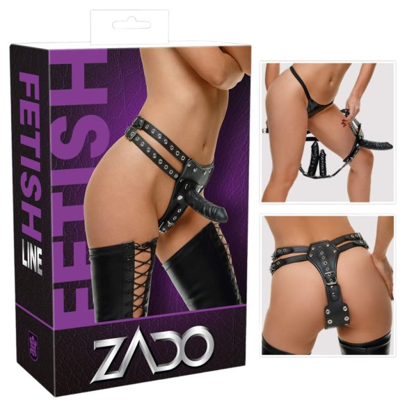 ZADO - kožne gaćice s dva unutarnja dilda (crne) - L/XL