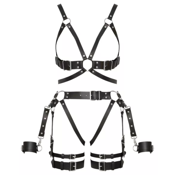 ZADO - višedijelni kožni harness set s lisicama - crni (S-M)