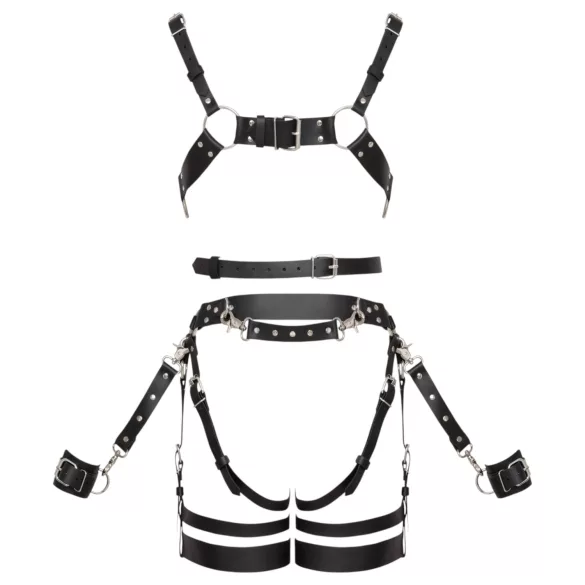 ZADO - višedijelni kožni harness set s lisicama - crni (S-M)