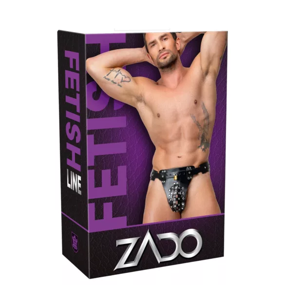 ZADO - crne kožne tanga gaćice s pojasom čednosti s 2 lokota (S-2XL)