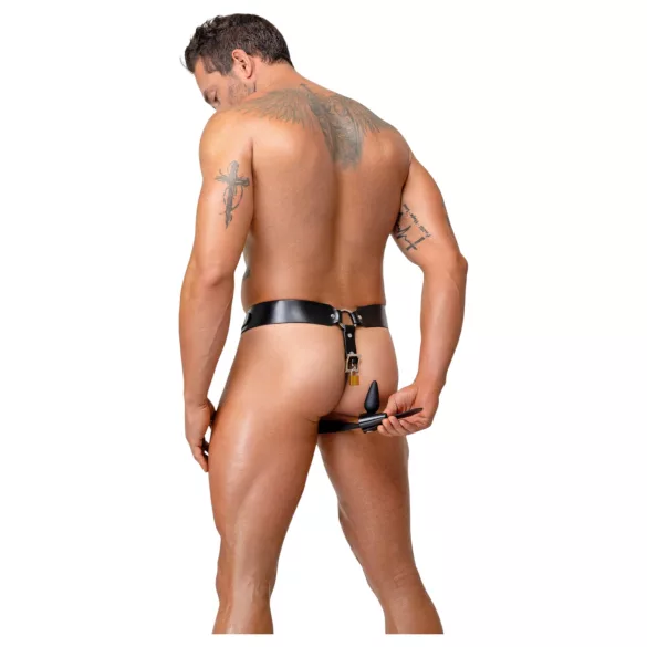 ZADO - crne kožne tanga gaćice s pojasom čednosti s 2 lokota (S-2XL)