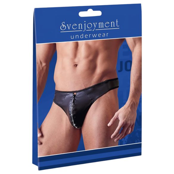 Svenjoyment - sjajna muška tanga sa zipom i strassom (crna) - M