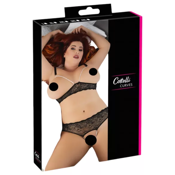 Cottelli Plus Size - set grudnjaka s perlicama - crna - 2XL