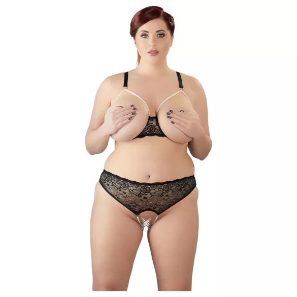 Cottelli Plus Size - set grudnjaka s perlicama - crna - 2XL