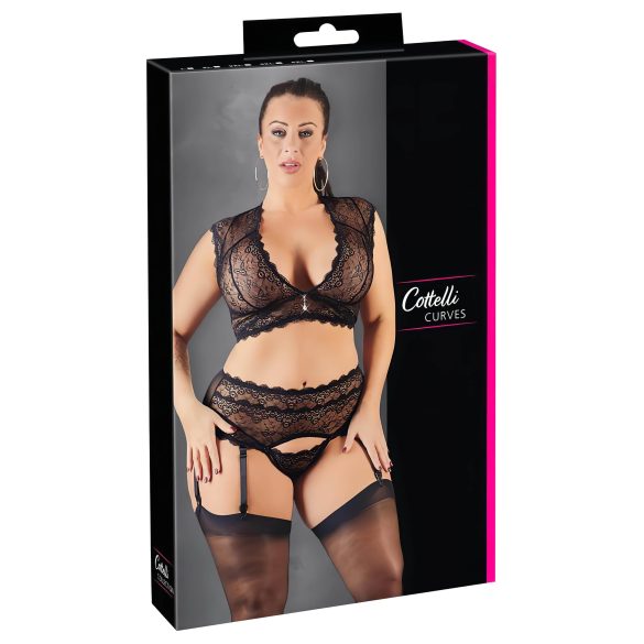 Cottelli Plus Size - set crnog čipkastog donjeg rublja s kristalima