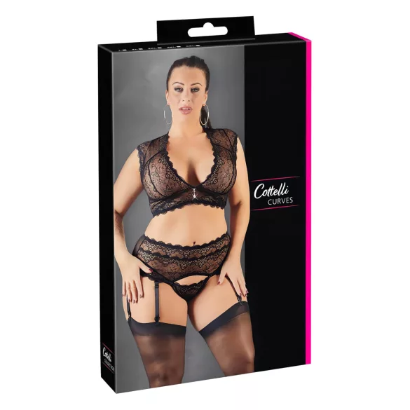 Cottelli Plus Size - seksi komplet donjeg rublja sa čipkom i strass detaljima - XL