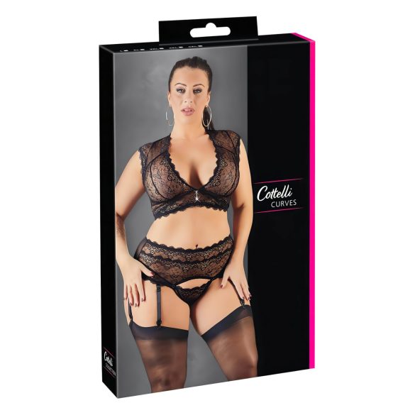 Cottelli Plus Size - set crnog čipkastog donjeg rublja s kristalima - 3XL