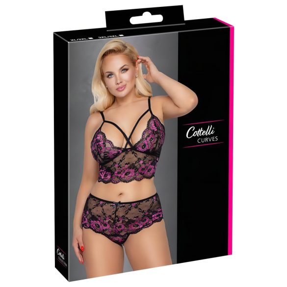 Cottelli Plus Size - cvjetni grudnjak set (crna-ljubičasta)