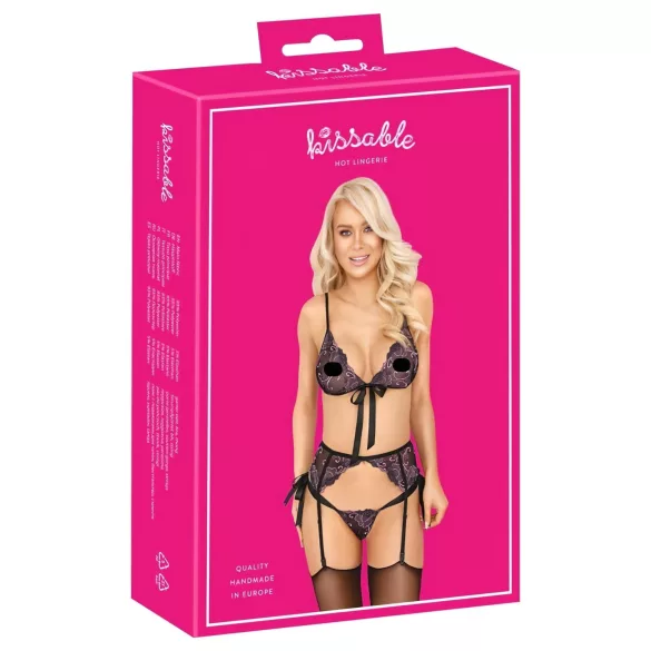 Kissable - pink-ljubičasti vezeni grudnjak set (crni) - L/XL