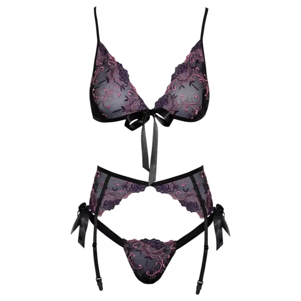 Kissable - pink-ljubičasti vezeni grudnjak set (crni) - L/XL