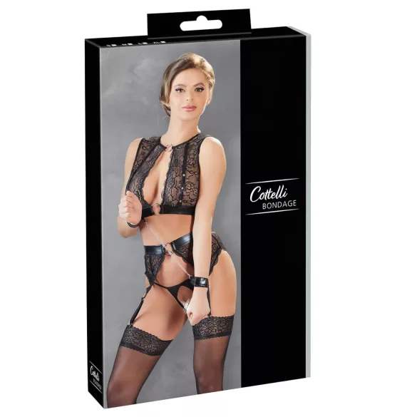 Cottelli Bondage - čipkasti set donjeg rublja + lisice (4‑dijelni)