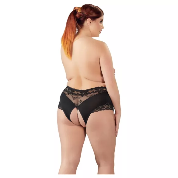 Cottelli Plus Size - čipkaste otvorene gaćice s perlicama - crne - XL