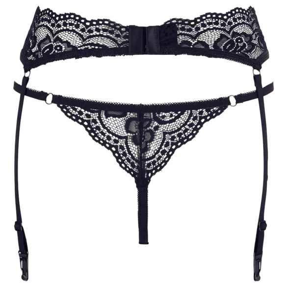 Cottelli - čipkasti pojas za čarape i tanga - crna - XL