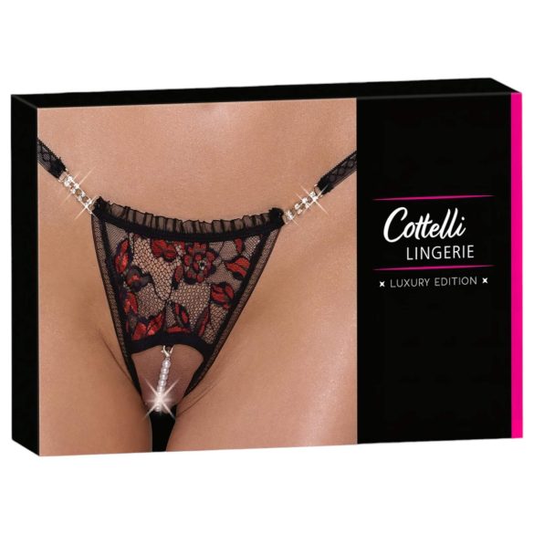 Cottelli - luksuzne crne tangice s ružama i biserima - M/L