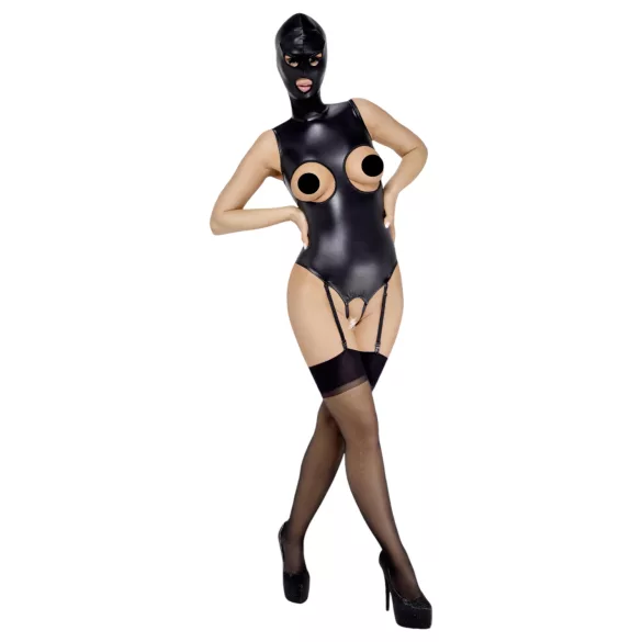 Bad Kitty - otvoreni body i maska za oralni seks - crna - L